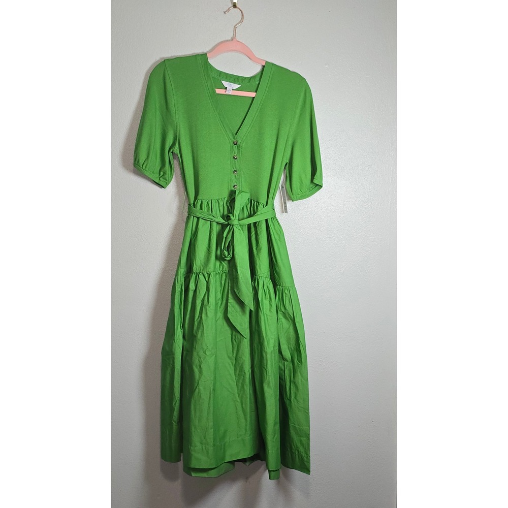 Time Tru Women Green Everglade Mixed Media Puff Sleeve Tiered Midi Dress L NWT